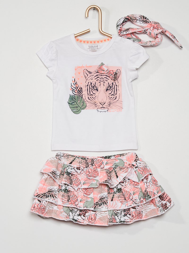 T-shirt + rok + haarband met tropische print roze / wit - Kiabi