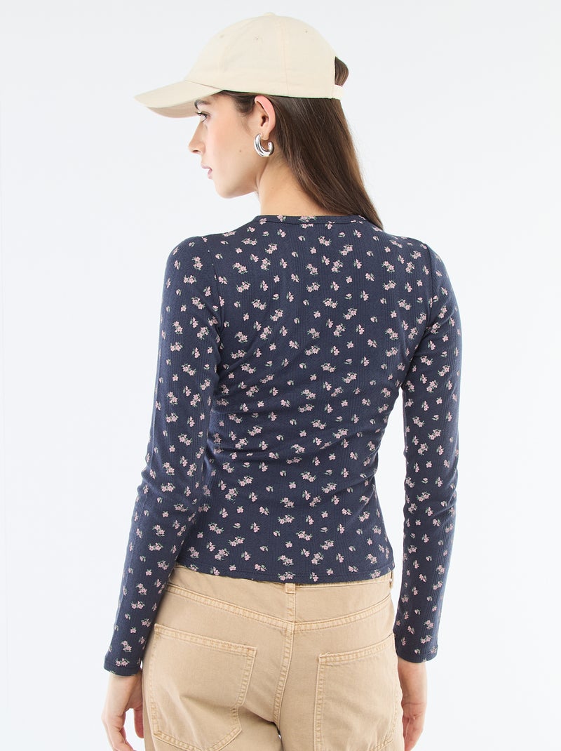 T-shirt van ajourgebreide stof met bloemenprint Blauw - Kiabi