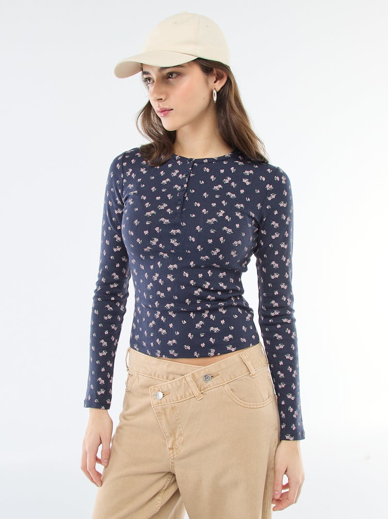 T-shirt van ajourgebreide stof met bloemenprint Blauw - Kiabi