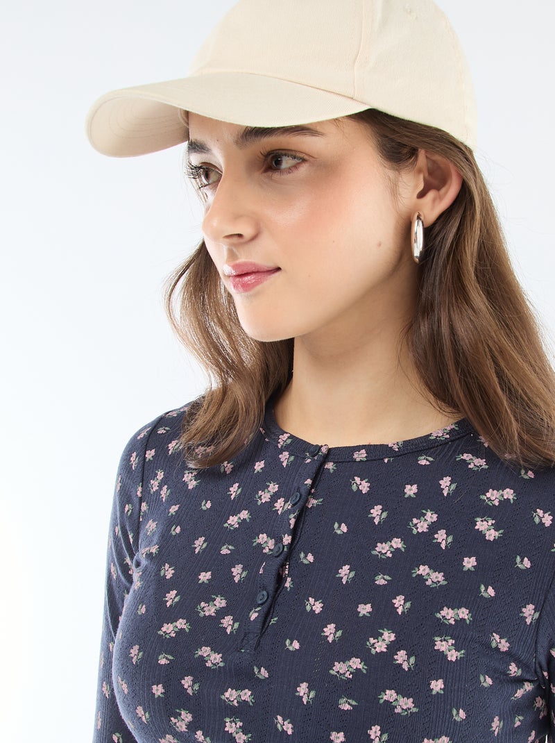 T-shirt van ajourgebreide stof met bloemenprint Blauw - Kiabi