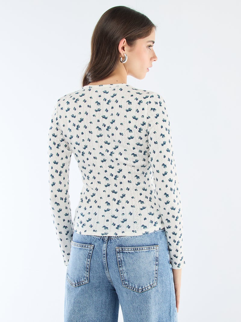 T-shirt van ajourgebreide stof met bloemenprint Wit - Kiabi