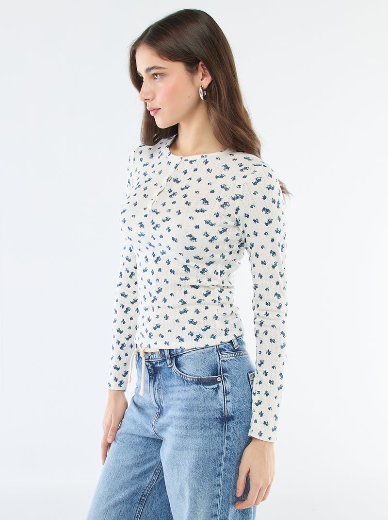 T-shirt van ajourgebreide stof met bloemenprint Wit - Kiabi
