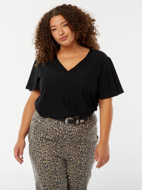 T-shirt van ajourtricot met korte vleermuismouwen - Kiabi