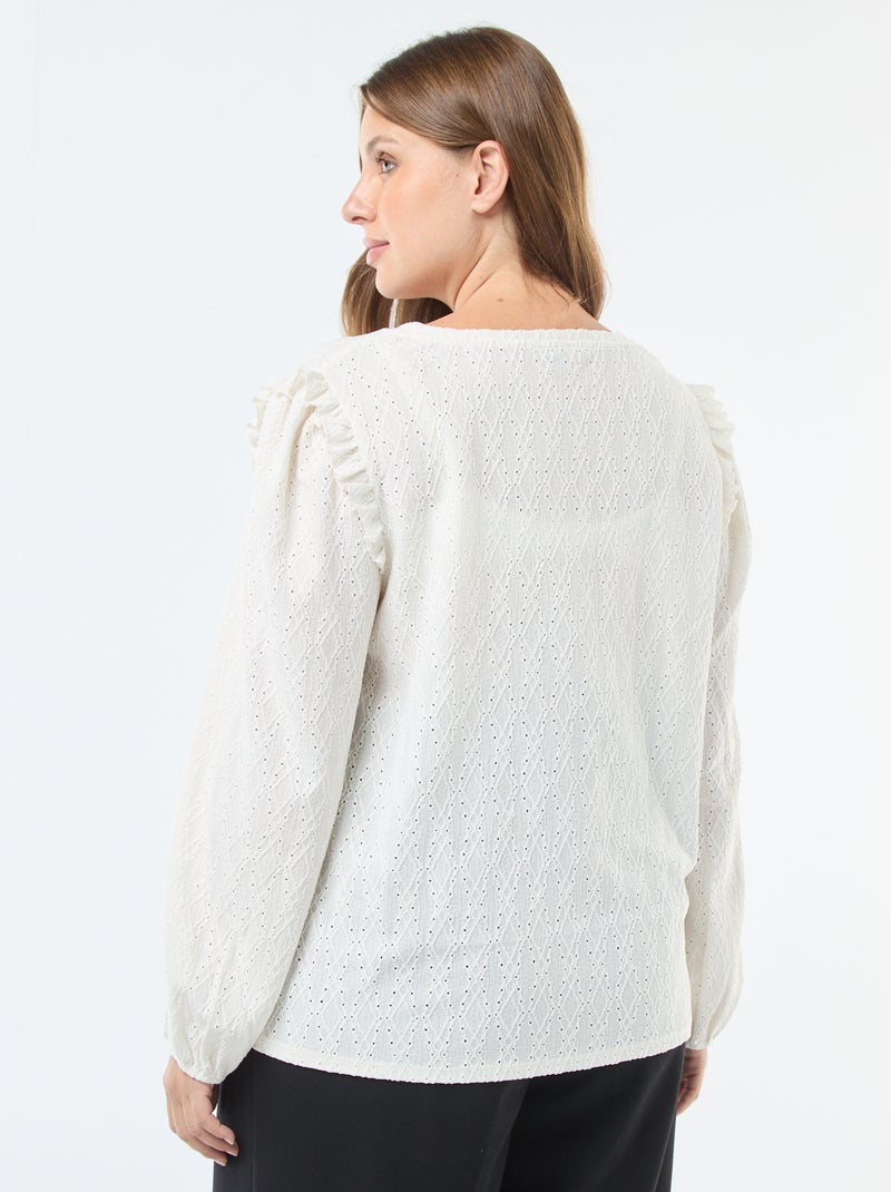 T-shirt van ajourtricot met rucheschouders Wit - Kiabi