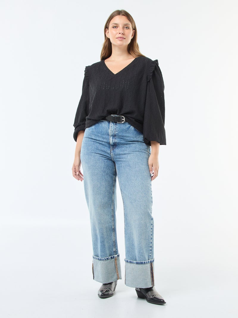 T-shirt van ajourtricot met rucheschouders zwart - Kiabi