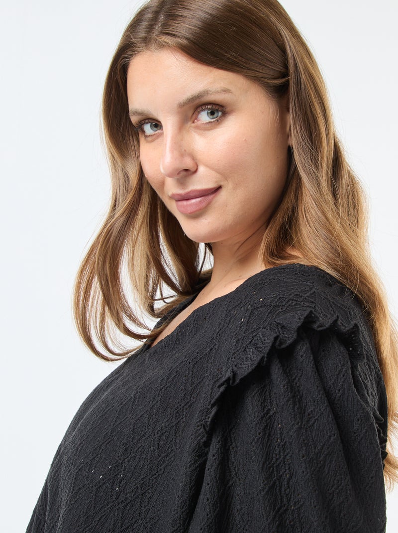 T-shirt van ajourtricot met rucheschouders zwart - Kiabi