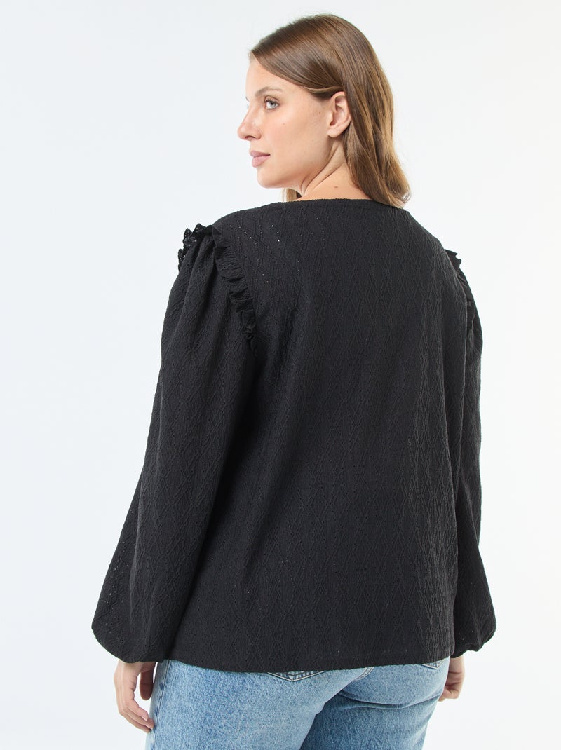 T-shirt van ajourtricot met rucheschouders zwart - Kiabi