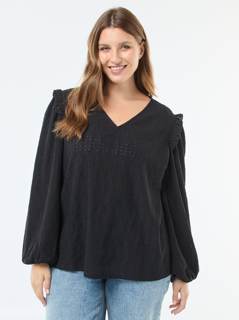 T-shirt van ajourtricot met rucheschouders zwart - Kiabi