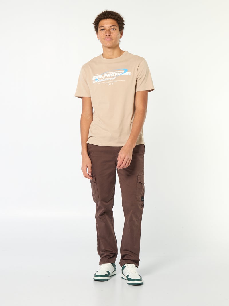 T-shirt van bedrukt katoen met korte mouwen Biege - Kiabi