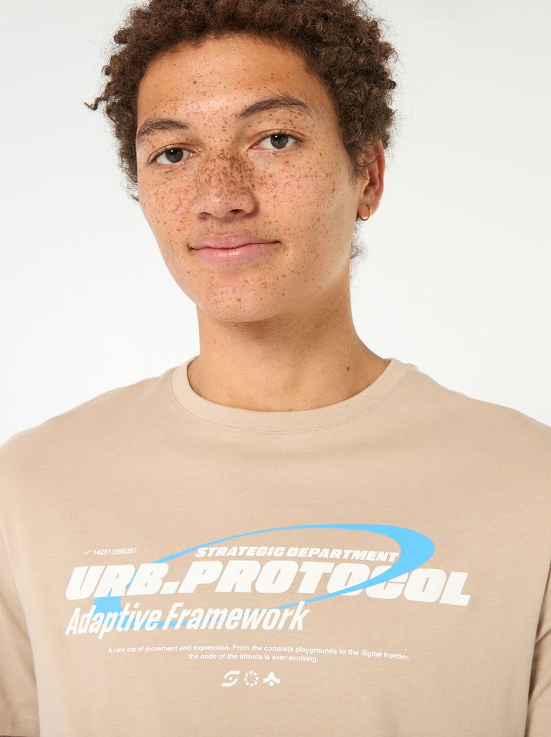 T-shirt van bedrukt katoen met korte mouwen Biege - Kiabi