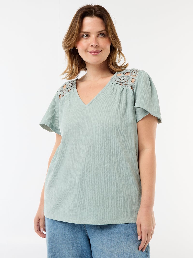T-shirt van crêpe jerseytricot met macramé Blauw - Kiabi