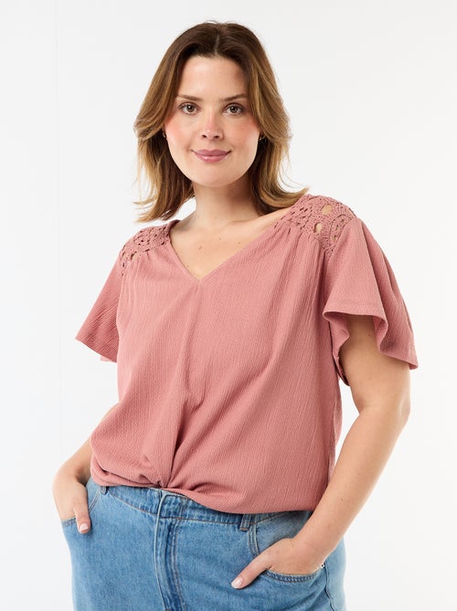 T-shirt van crêpe jerseytricot met macramé - Kiabi