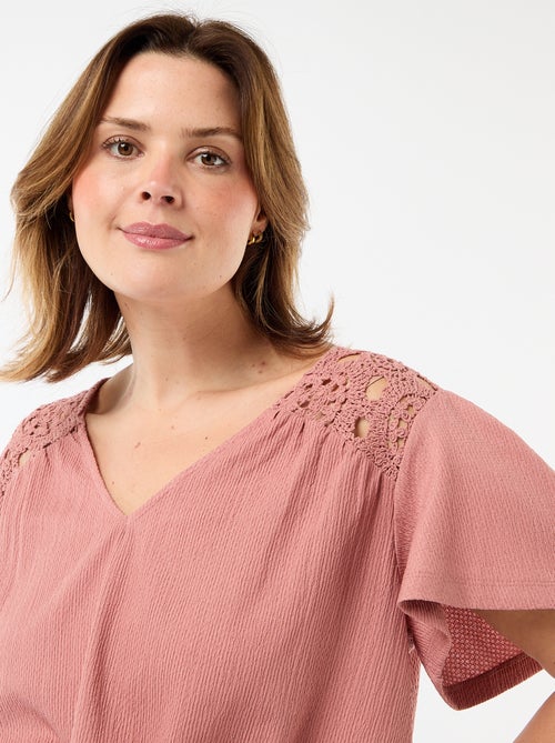 T-shirt van crêpe jerseytricot met macramé - Kiabi
