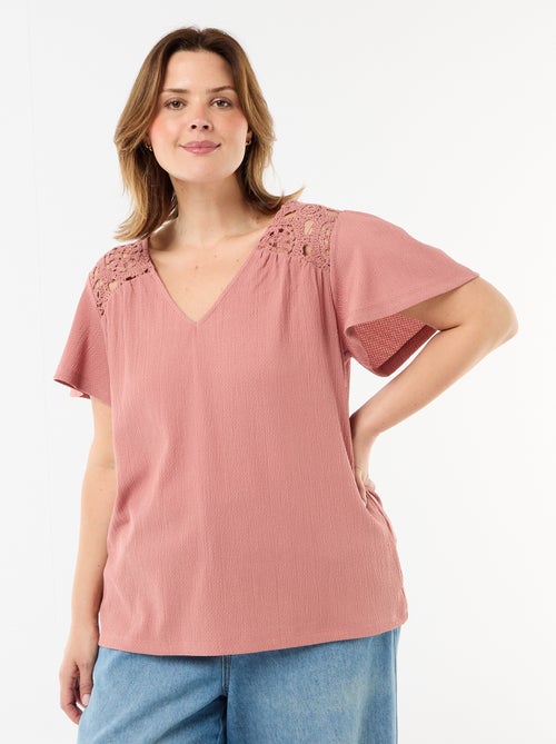 T-shirt van crêpe jerseytricot met macramé - Kiabi