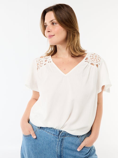 T-shirt van crêpe jerseytricot met macramé - Kiabi