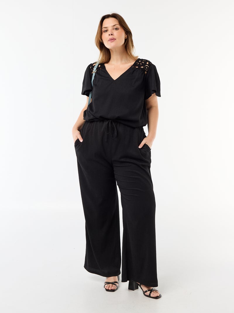 T-shirt van crêpe jerseytricot met macramé Zwart - Kiabi