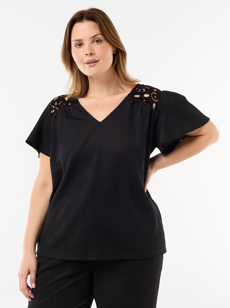 T-shirt van crêpe jerseytricot met macramé Zwart - Kiabi