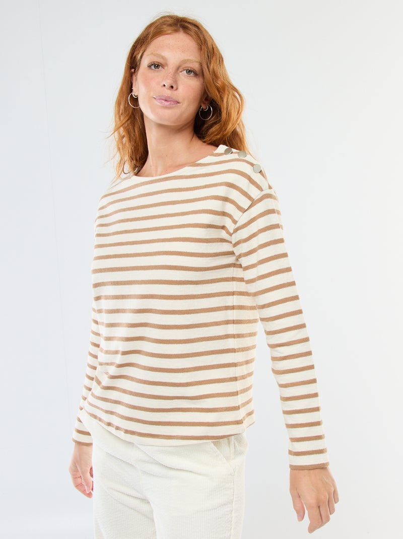 T-shirt van dik tricot met lange mouwen en all-over streepjes Wit - Kiabi