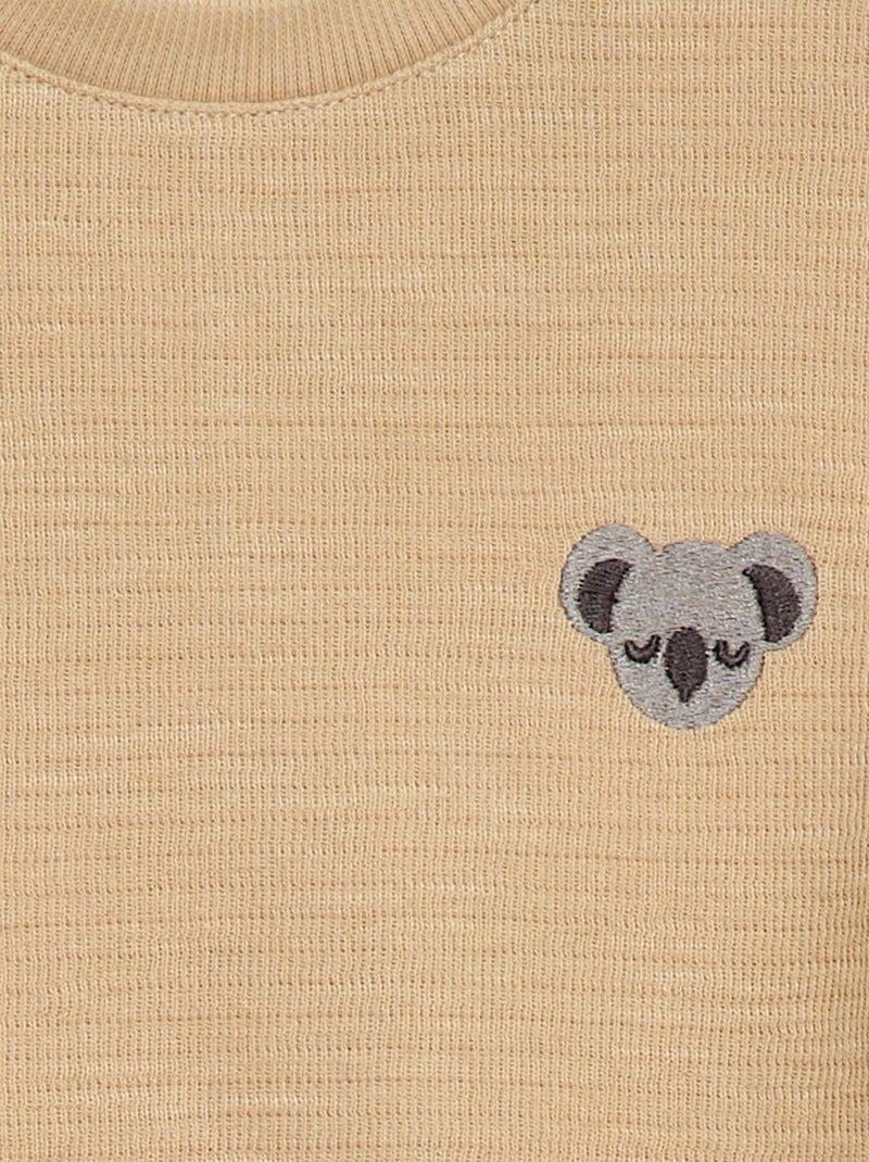 T-shirt van dikke stof met geborduurd diertje Biege - Kiabi
