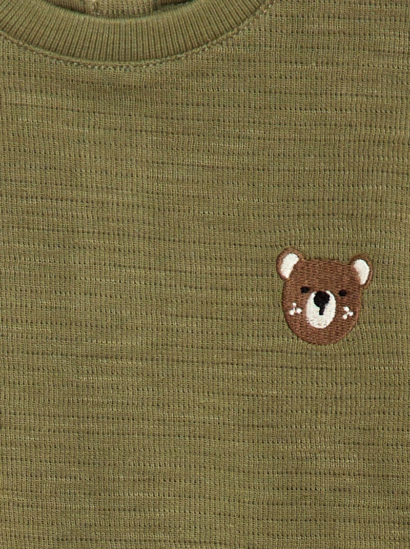 T-shirt van dikke stof met geborduurd diertje Kaki - Kiabi