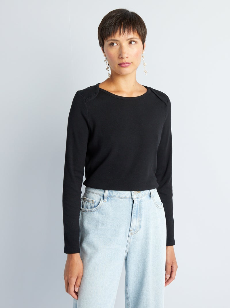 T-shirt van effen ribtricot zwart - Kiabi