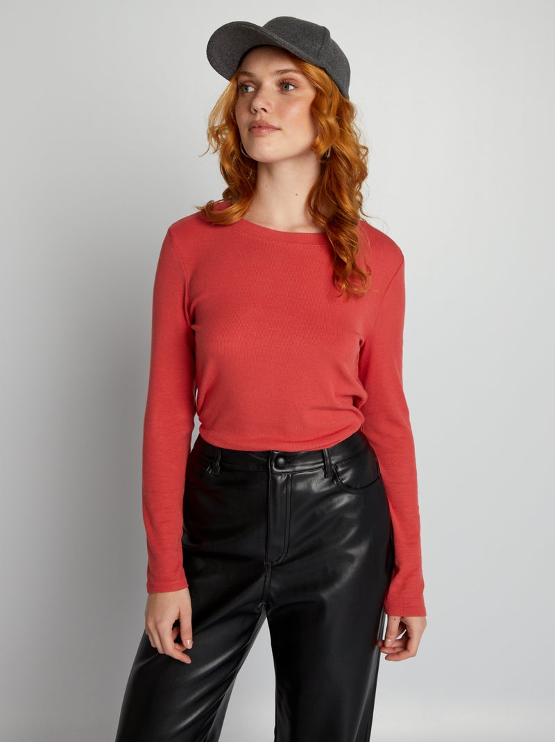T-shirt van elastische ribstof ROOD - Kiabi