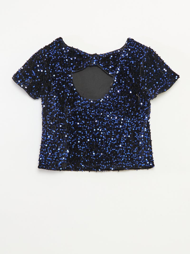 T-shirt van fluweel met pailletten Blauw - Kiabi