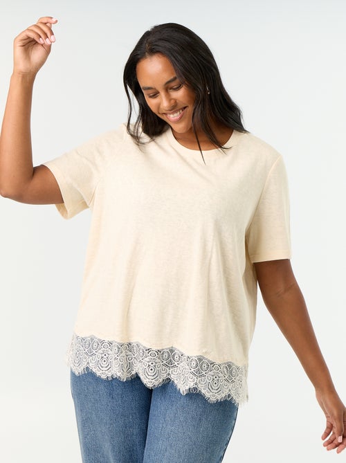 T-shirt van gemêleerd breisel met kanten onderkant - Kiabi