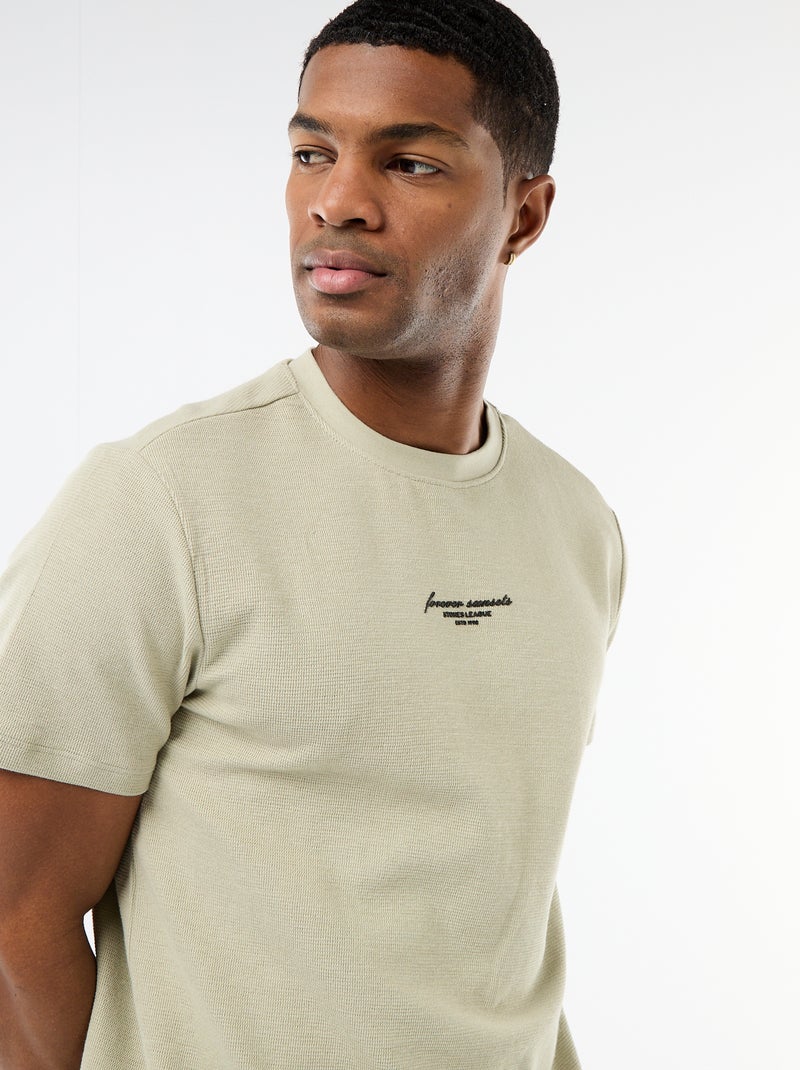 T-shirt van gewafelde katoen met korte mouwen Biege - Kiabi