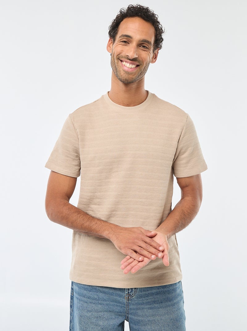 T-shirt van gewafelde stof met korte mouwen Biege - Kiabi