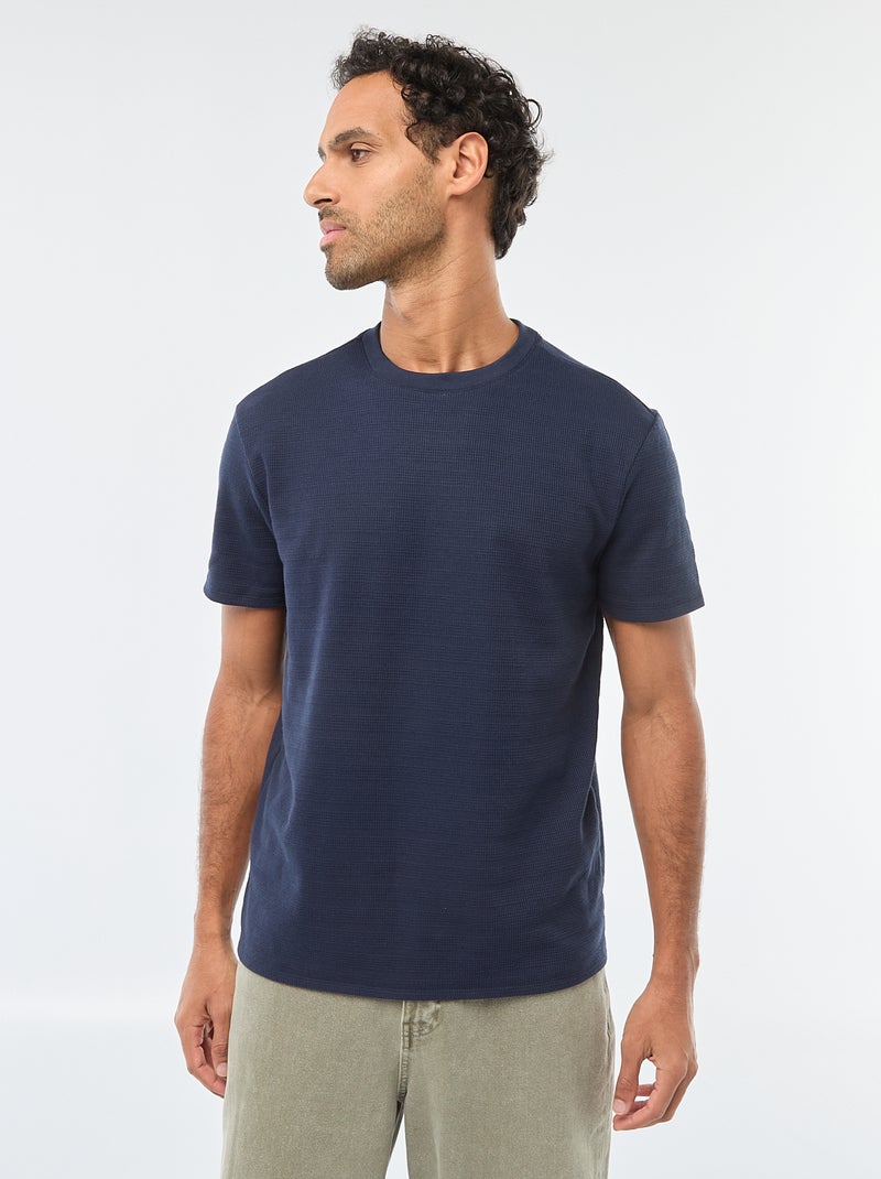 T-shirt van gewafelde stof met korte mouwen Blauw - Kiabi