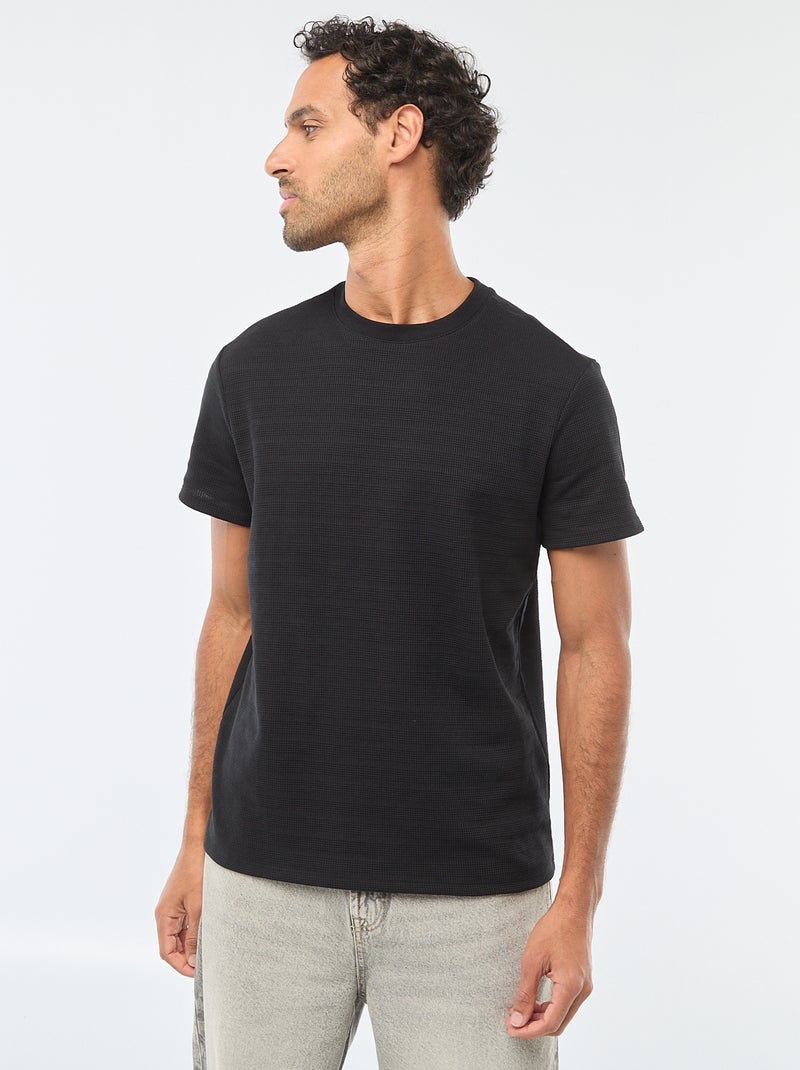 T-shirt van gewafelde stof met korte mouwen zwart - Kiabi