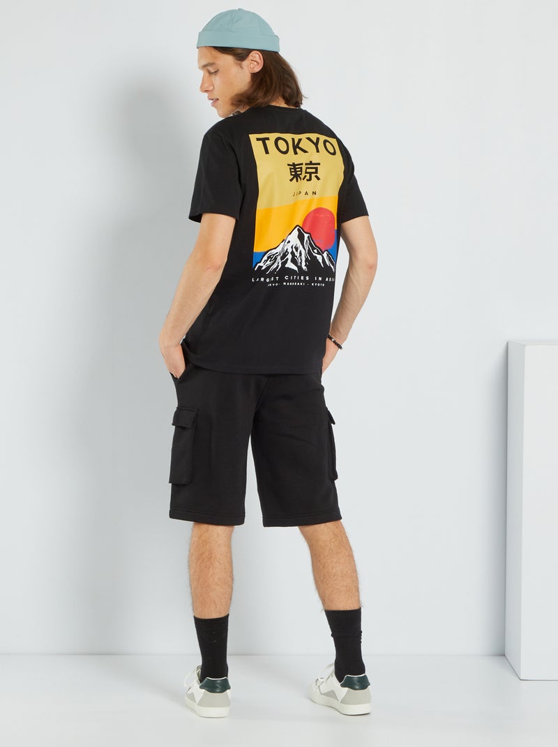 T-shirt van jersey met Japanse print zwart - Kiabi