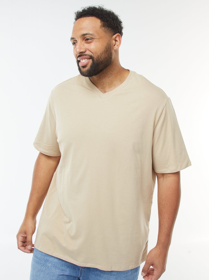 T-shirt van jersey met korte mouw en V-hals Biege - Kiabi