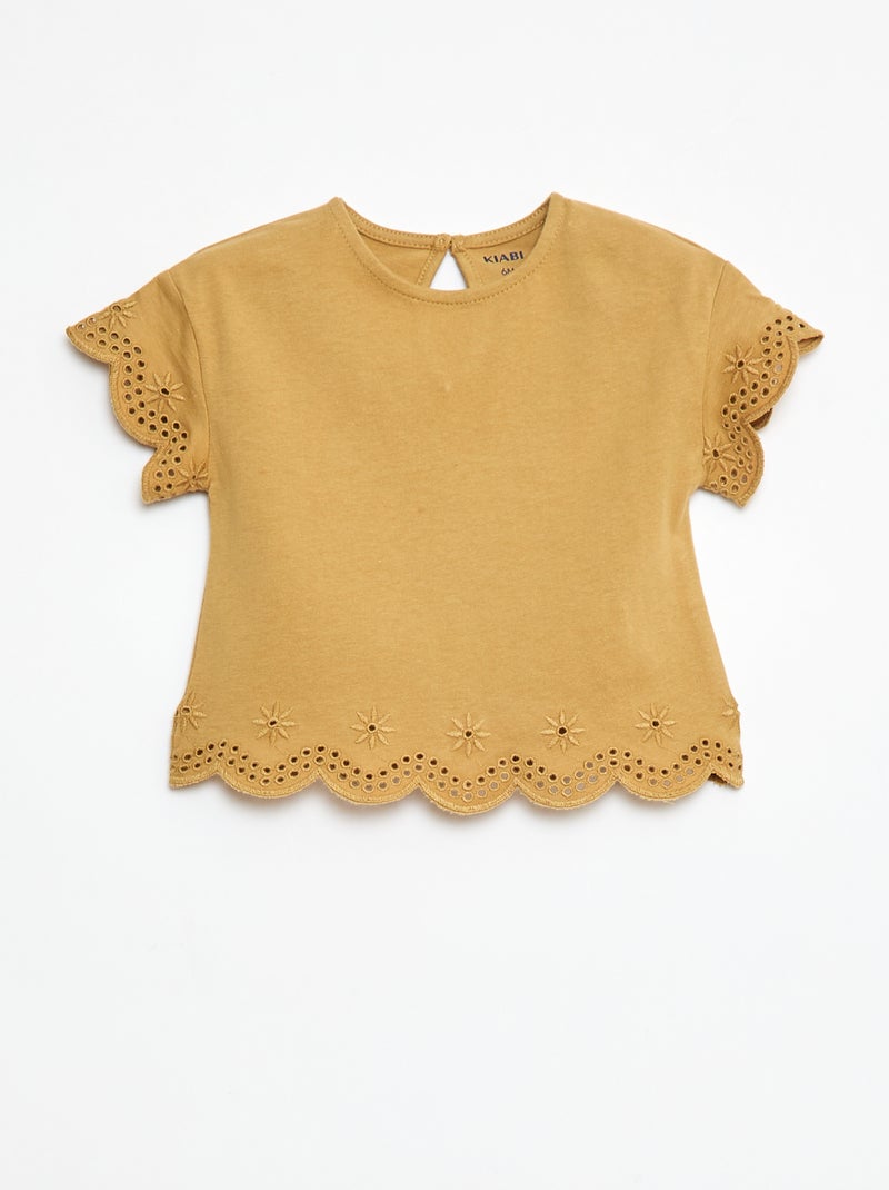 T-shirt van jersey met korte mouwen en broderie anglaise geel - Kiabi