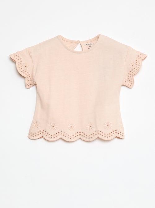 T-shirt van jersey met korte mouwen en broderie anglaise - Kiabi