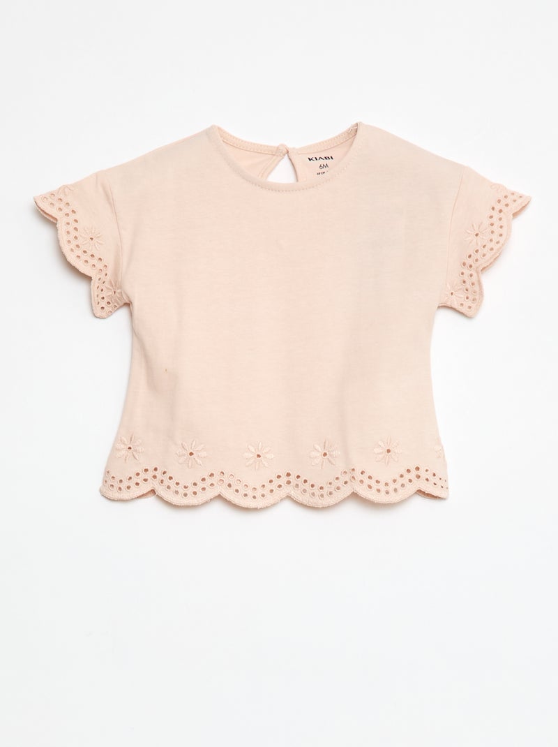 T-shirt van jersey met korte mouwen en broderie anglaise Rose - Kiabi