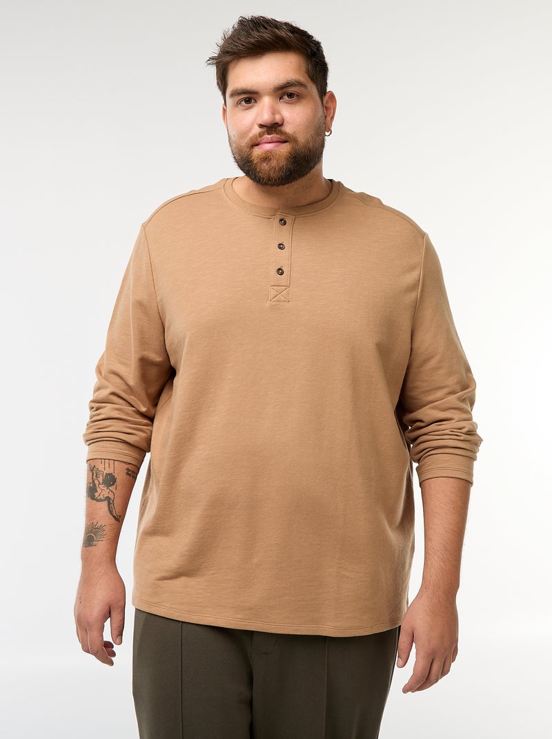 T-shirt van jersey met lange mouw en henleykraag Biege - Kiabi