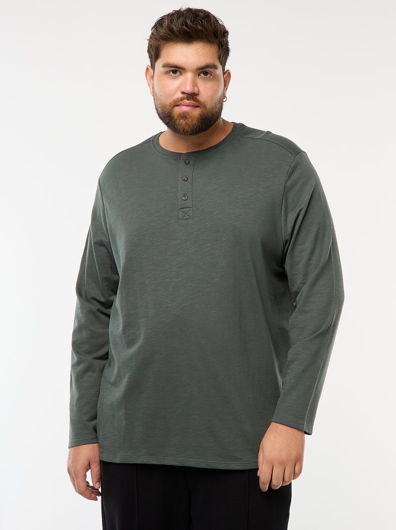 T-shirt van jersey met lange mouw en henleykraag Kaki - Kiabi