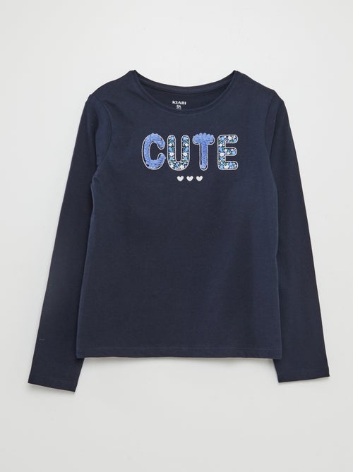T-shirt van jersey met lange mouw + fantasiemotiefje in reliëf - Kiabi