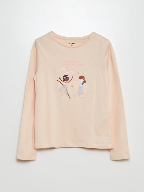 T-shirt van jersey met lange mouw + fantasiemotiefje in reliëf - Kiabi