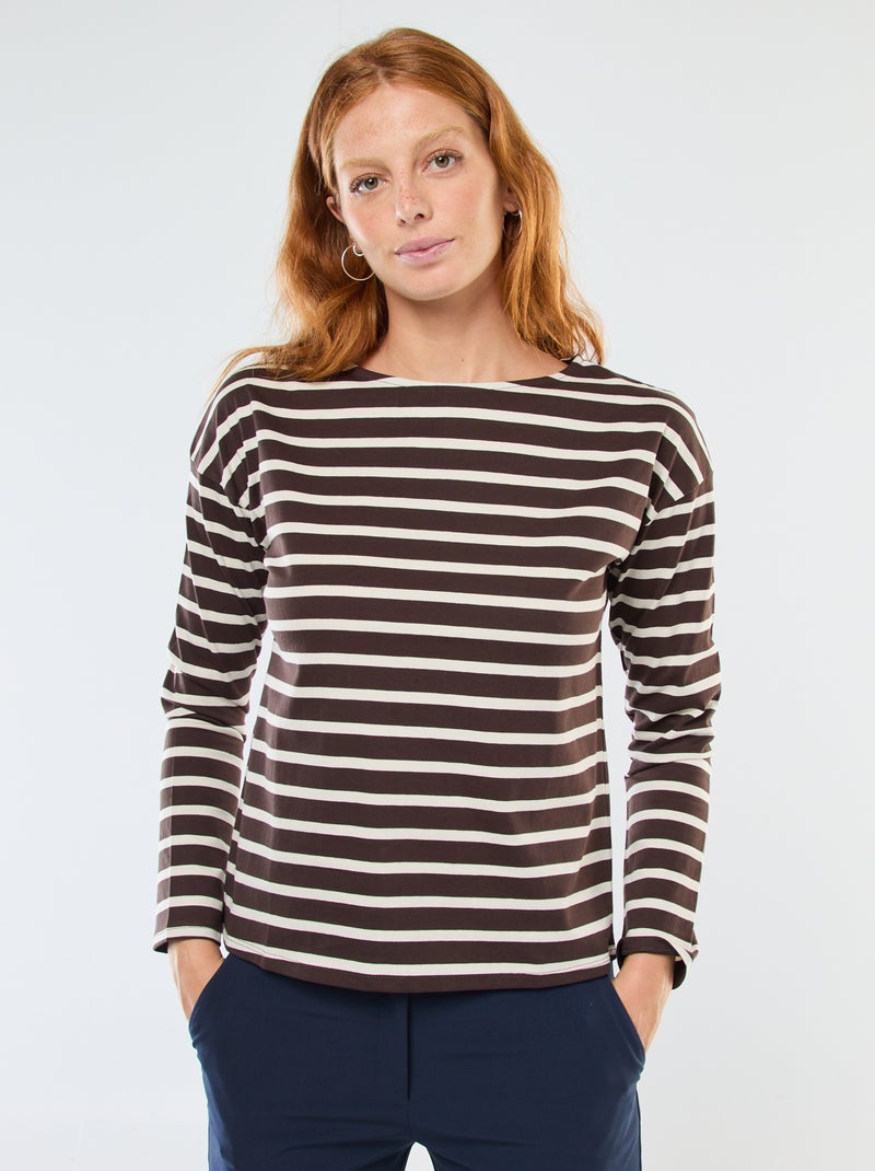 T-shirt van jersey met lange mouwen en gestreept motief Bruin - Kiabi