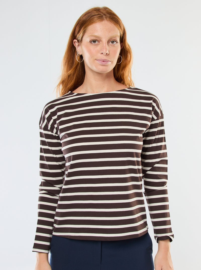 T-shirt van jersey met lange mouwen en gestreept motief Bruin - Kiabi