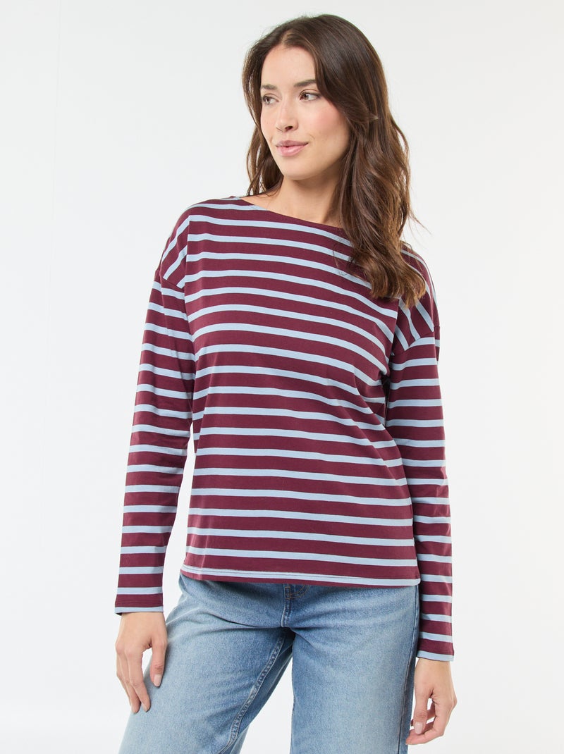 T-shirt van jersey met lange mouwen en gestreept motief Rood - Kiabi