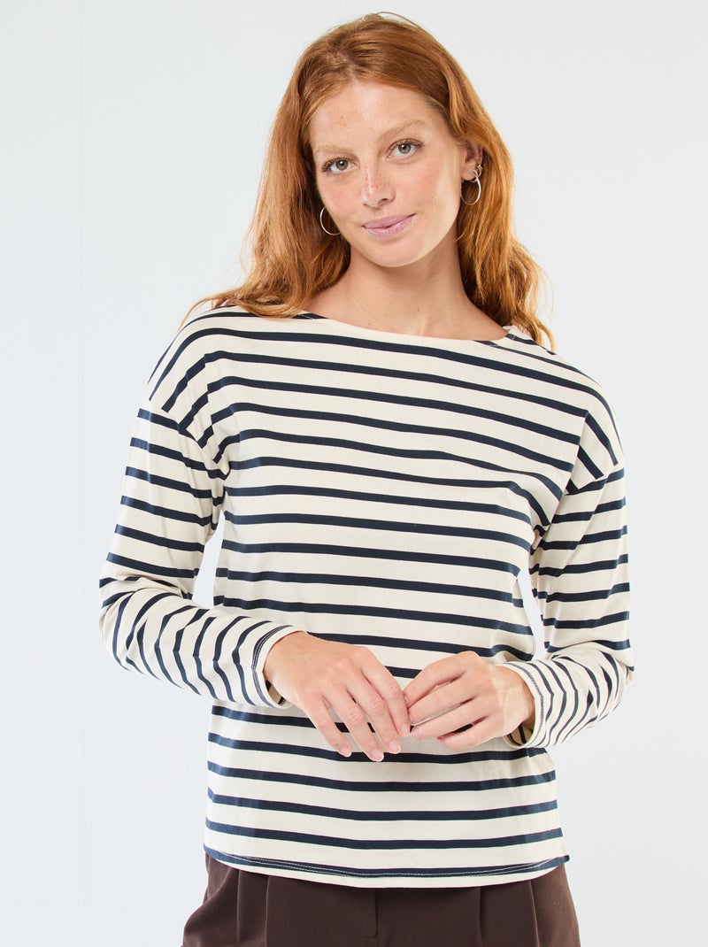 T-shirt van jersey met lange mouwen en gestreept motief Wit - Kiabi