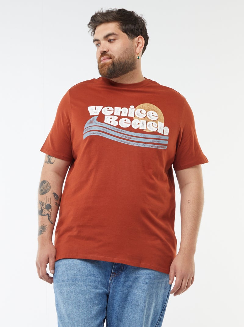 T-shirt van jersey met print en korte mouw BRUIN - Kiabi
