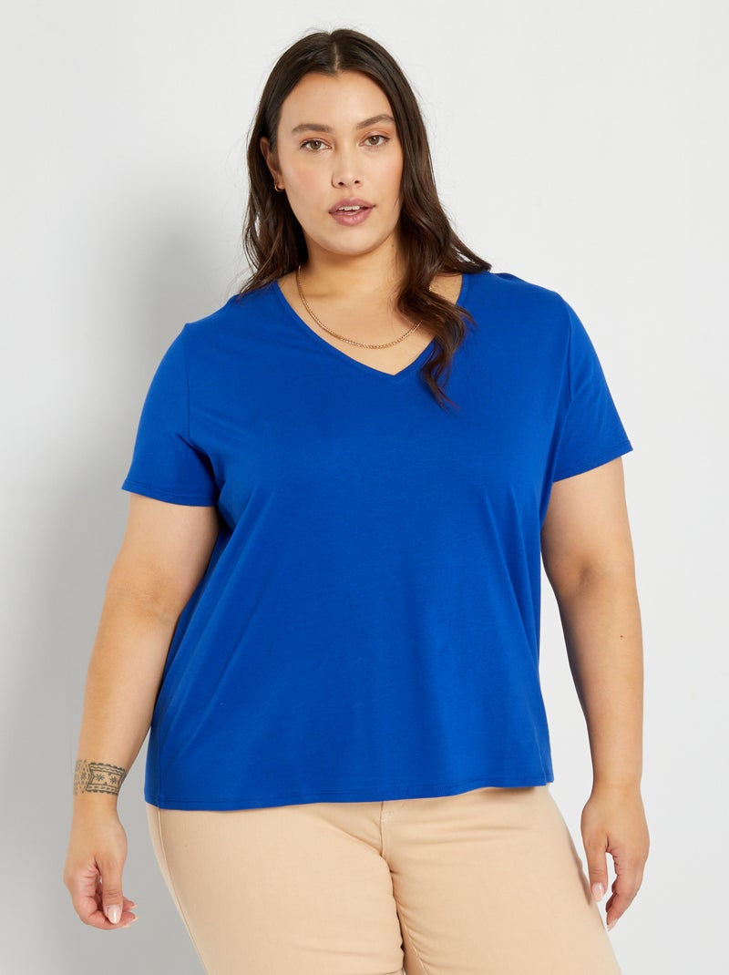 T-shirt van jersey met V-hals BLAUW - Kiabi