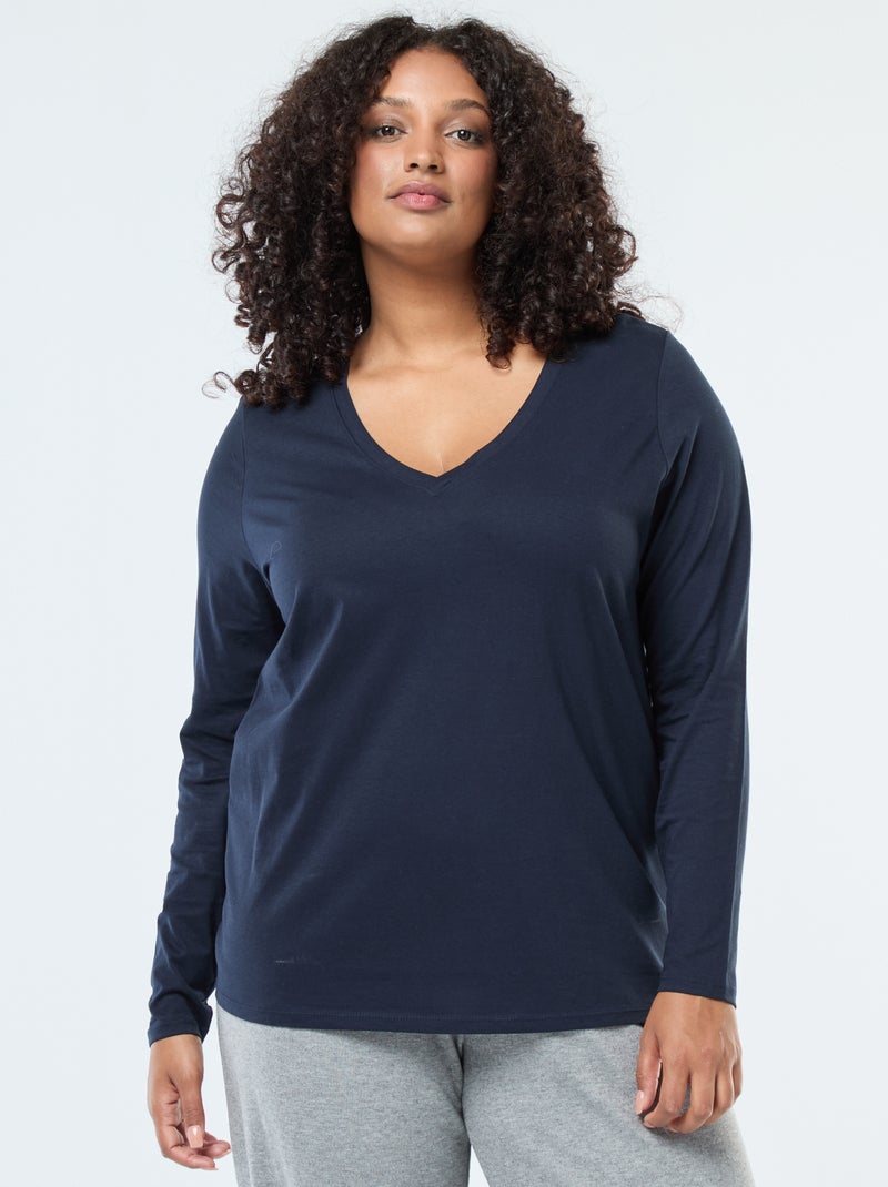 T-shirt van jersey met V-hals en korte mouw Blauw - Kiabi