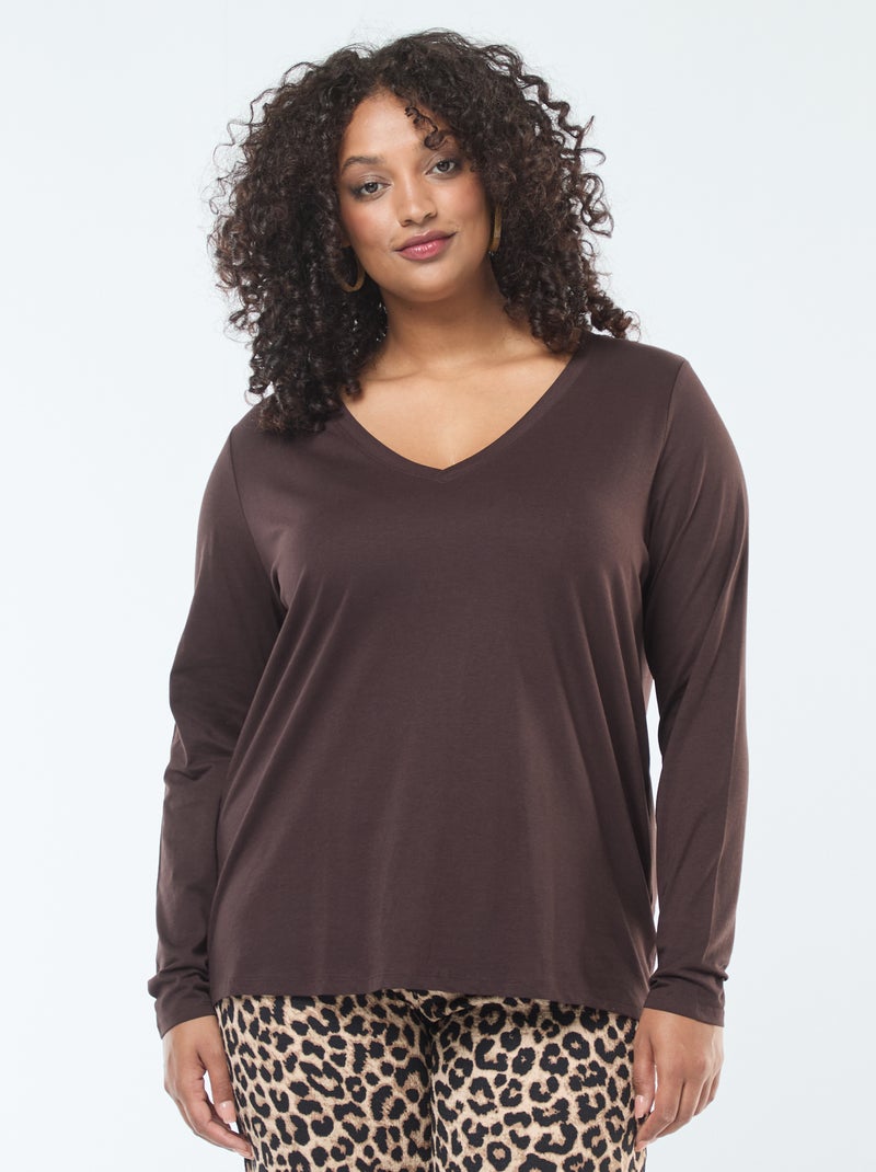 T-shirt van jersey met V-hals en korte mouw bruin - Kiabi