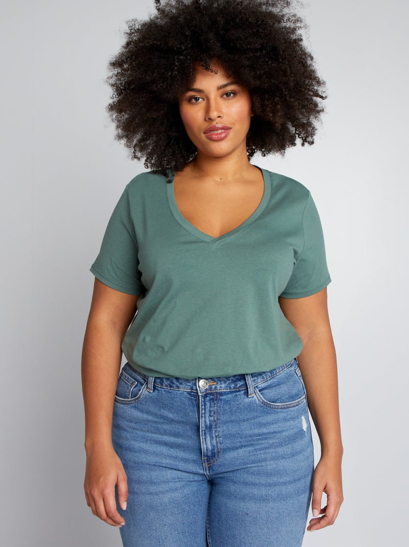 T-shirt van jersey met V-hals GROEN - Kiabi